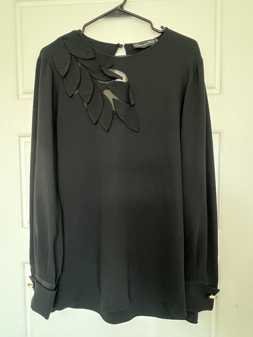 Oscar de la Renta Black Silk Long Sleeve Blouse Leaf Applique Top Womens Size 12